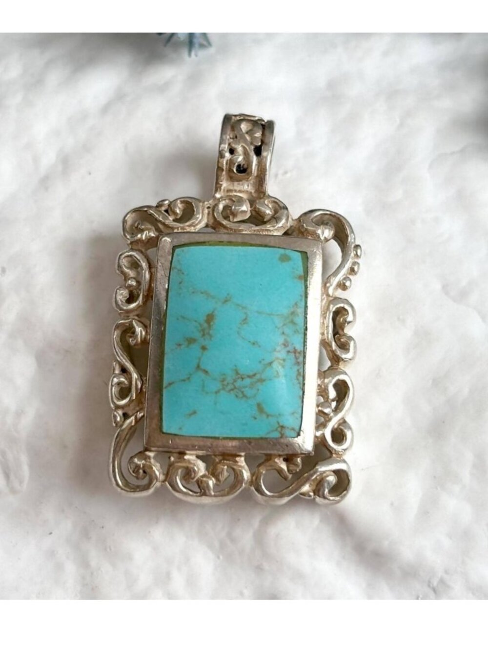 Southwest Style Turquoise Swirly Art Nouveau Sterling Silver 925 Vintage Pendant